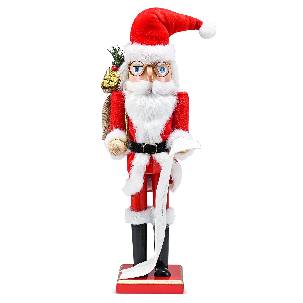 Ornativity Christmas Gift Santa Nutcracker – Red and White Wooden Nutcracker Santa Man in Traditional Santa Attire with a Bag of Gold Wrapped Gifts Over His Shoulder and a List of Names in Hand